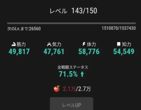 キャラLv143のレベルアップに必要な経験の果実